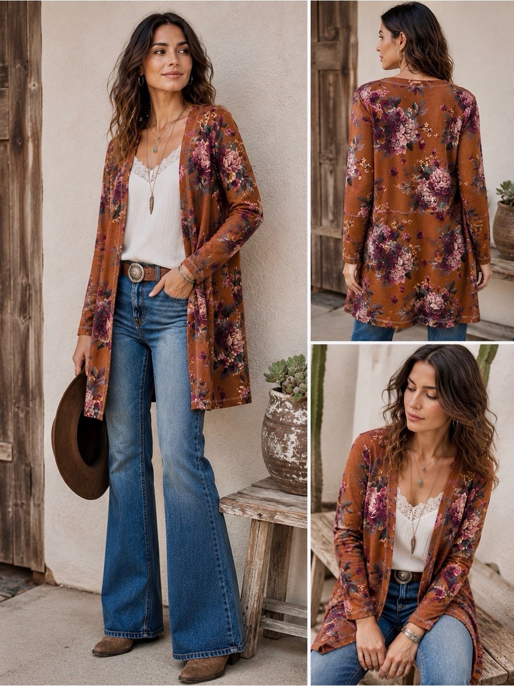 Western Boho Floral Duster Open Cardigan Rust Brown Romantic Cowgirl M/L